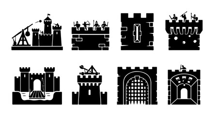 Medieval Castle Icons, Fortress Elements, Medieval Architecture, Siege Warfare © Momota