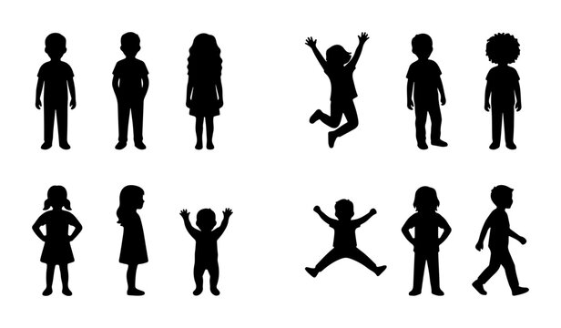 Children Silhouettes Collection, Diverse Poses, Black and White Vector Icons