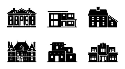 Fototapeta premium Diverse Building Icons: Residential, Modern, Classic Architecture Styles