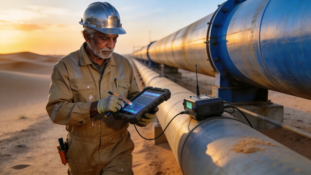 Pipeline Inspection Engineer Using Digital Diagnostics In Desert Environment