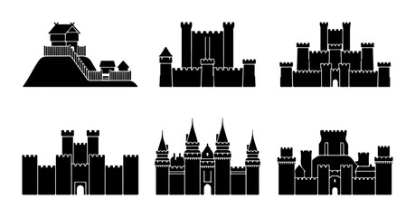 Medieval Castle Silhouettes, Fortress Icons, Royal Palace Vector Set © Fahmida
