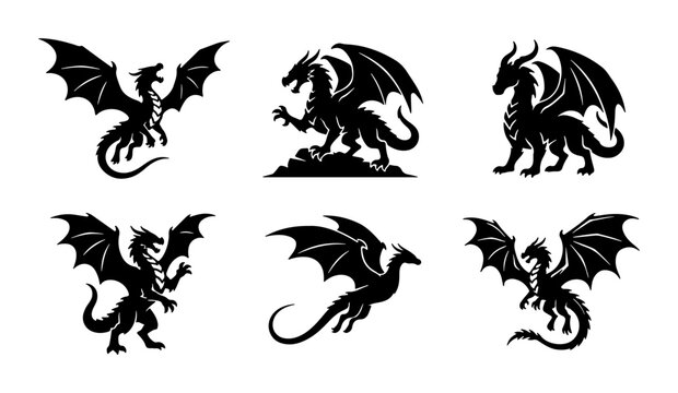 Dragon Silhouettes Collection, Mythical Creature Vector Icons, Fantasy Beast Graphics