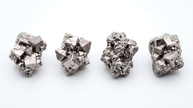 Close-up shot of four pyrite mineral clusters isolated on a white background