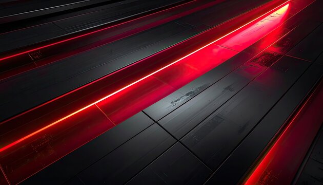Striking red light illuminates a dark, textured metallic surface.