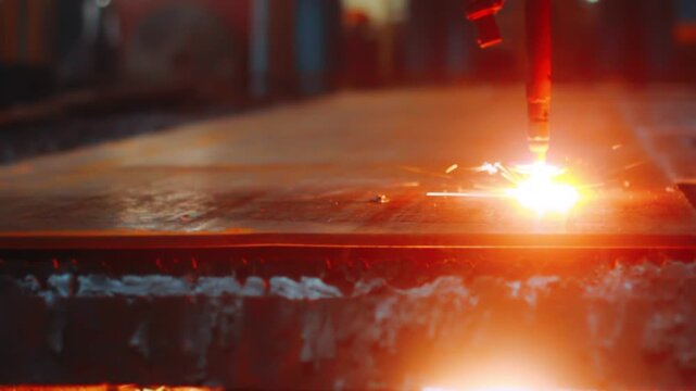 Laser cutting metal sheet in factory workshop