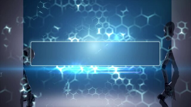 High Technology intro animation with cyborg robots looking for title or text background. Scifi opener