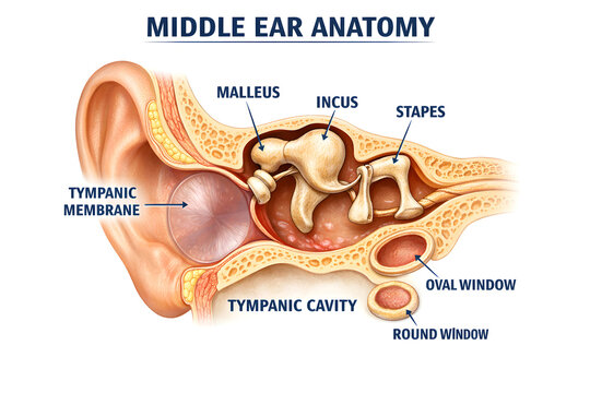 3D middle ear anatomy illustration isolated on white background with labeled auditory structures for medical education, healthcare training, and clinical reference.

