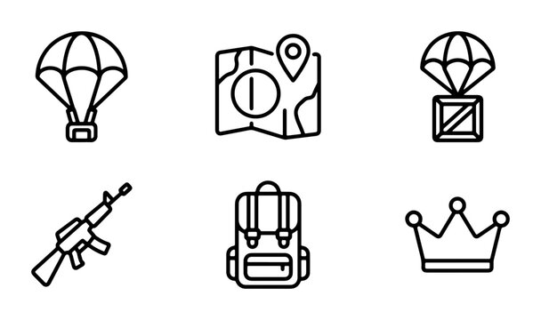 Battle Royale Game Icons: Parachute, Map, Gun, Backpack, Crown