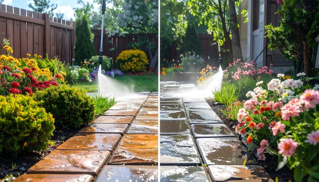 A split-screen captures before-and-after of a brick pathway being pressure-washed, showcasing the transformation against lush flower beds