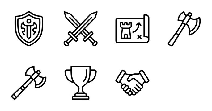 Game Icons: Shield, Swords, Strategy Map, Axes, Trophy, Handshake