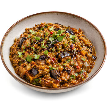 Contemporary baingan bharta with refined presentation, premium restaurant photography, isolated on white background