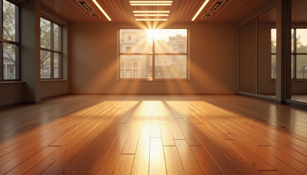 Empty dance studio with sunlit wooden floor and mirror wall