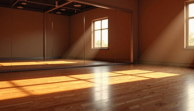 Empty dance studio with mirrored wall and sunlit wooden floor