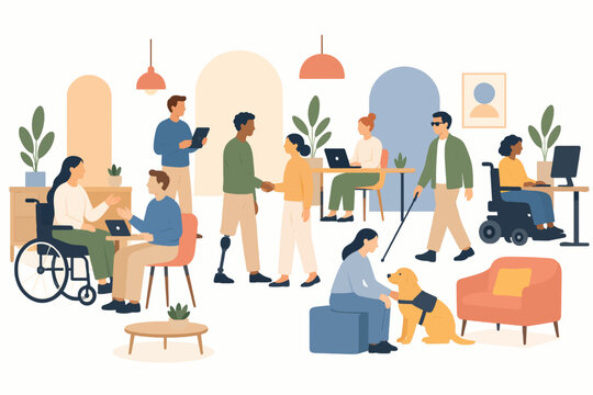 Workplace with disability inclusion and support for employees with disabilities, disability integration and equal opportunity concept, flat illustration
