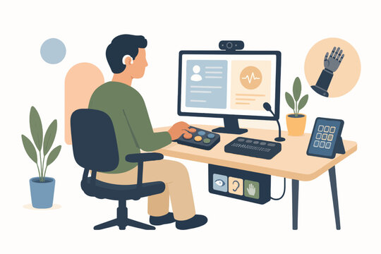 Person using assistive technology at workplace with accessibility tools, assistive devices and technology support concept, flat illustration