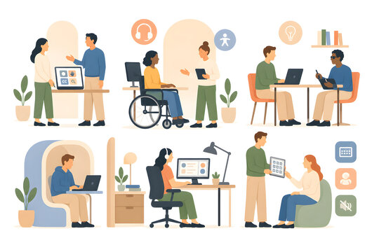 Workplace providing accessibility accommodations and support resources, accommodation support and inclusive services concept, flat illustration