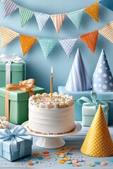 Obraz premium Birthday party cake with lit candle, colorful gifts, bunting and festive decorations on table