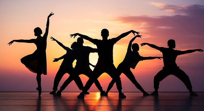 Group of happy people dancing together against a beautiful sunset sky