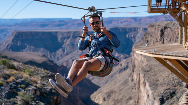 Canyon zip line rider launching from elevated timber platform above desert gorge, hands gripping trolley, full body safety harness, canyon walls hundreds of metres deep below, arid landscape mesa st