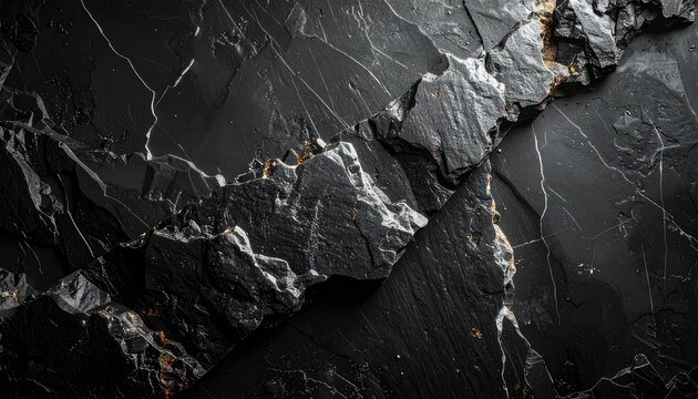 Macro shot of a fractured black rock surface with white veins and hints of gold.