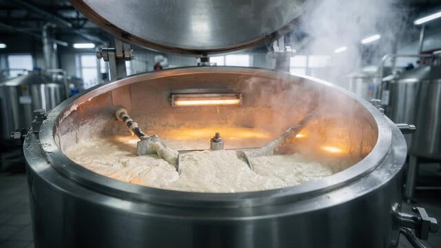 Medium shot of an automatic grease kettle with an open hatch showcasing steam rising as soapthickened grease is stirred by heated mixers in an industrial setting