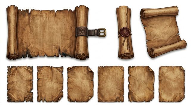 Collection of ancient parchment scrolls and aged paper sheets, weathered and textured for historical or fantasy themes