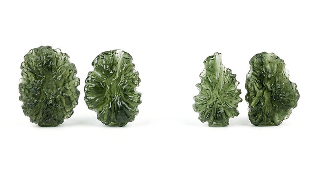 Four isolated green moldavite specimens on a white background, showing their unique texture
