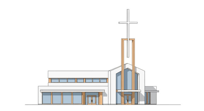 Modern church building with cross.