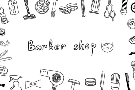 Rectangular frame of barbershop tools. Wax, barber pole, azor, face razor, shaving razor, beard, bow-tie, mustache, scissors, men's butterfly, hair dryer, razor blade, manual razor. Hairdresser