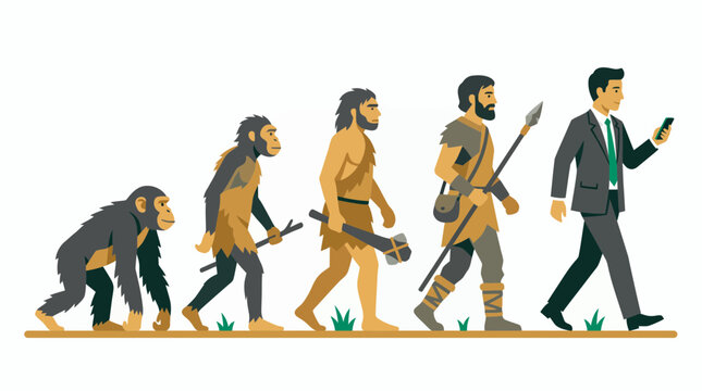 A flat vector illustration depicts human evolution from ape to modern man using a smartphone, symbolizing technological progress and societal transformation