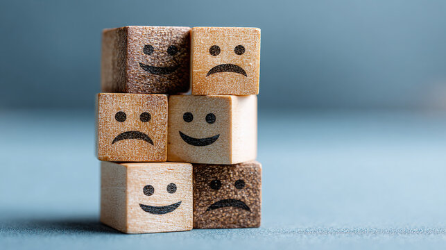 Stacked Wooden Blocks Showing Happy and Sad Facial Expressions on Blue