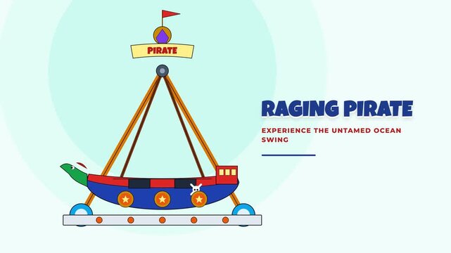Pirate ship swing ride at amusement park flat 2D animation with nautical theme and vibrant promotional text