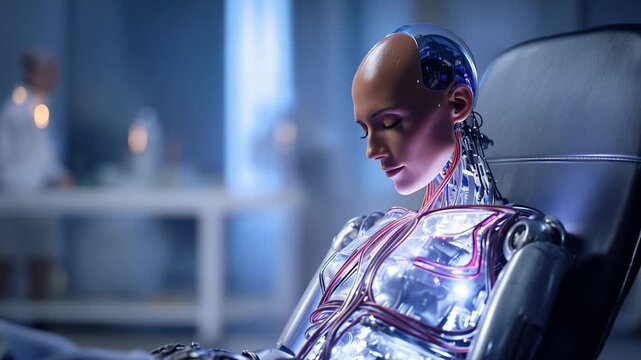 Blue-lit robot sits quietly in dim room