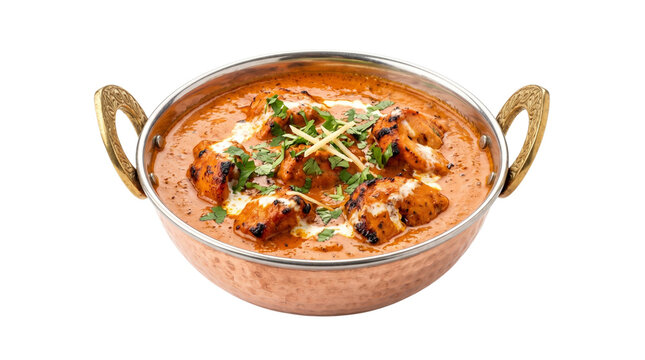Authentic butter chicken curry in traditional copper kadai, creamy murgh makhani with fresh cilantro, spicy indian chicken gravy in metal bowl isolated PNG with Transparent Background