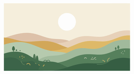 Obraz premium Minimalist flat design landscape illustration featuring undulating hills and a prominent sun in a serene earthy color palette, symbolizing peace and a sustainable lifestyle