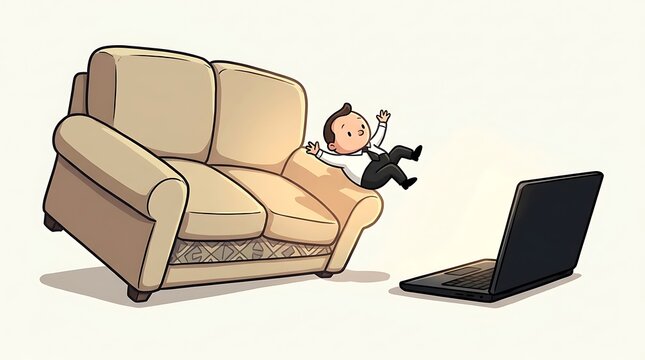 Cartoon businessman jumping off a couch towards a laptop with businessman business technology