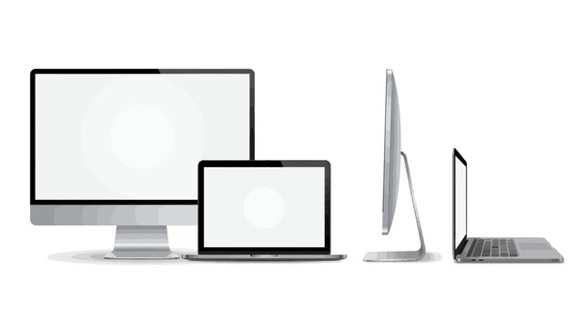 Sleek desktop monitor and laptop with blank white screens, showcased in front and side views on a pristine background, illustrating responsive design and providing technology mockup space