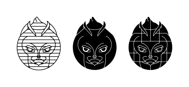 Stylized Cat Face Icons, Black and White, Vector Graphics