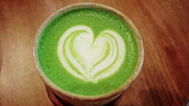 Top view of artistic matcha green tea latte in ceramic cup with heart shape latte art on wooden table.
