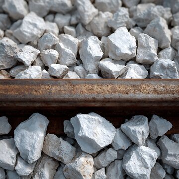 Railway rail with weathered rusty steel surface positioned over white crushed limestone ballast stones creating a high contrast industrial texture for transport and logistics