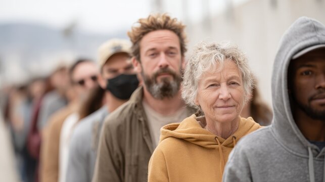 A diverse queue of individuals standing outdoors reflects themes of community, anticipation, and the shared human experience amidst varying expressions and emotions.