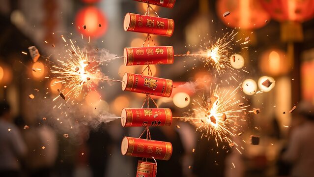 Firecracker exploding for Lunar New Year celebration. String of firecrackers bursting with bright sparks and smoke. Traditional Chinese festival pyrotechnic for luck and prosperity.