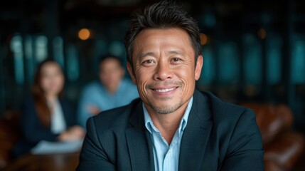 Fototapeta premium A smiling businessman exudes warmth and confidence while sitting at a conference table, conveying professionalism and approachability in a modern office environment.