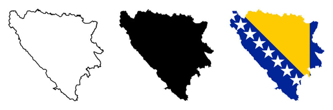 Bosnia and Herzegovina map silhouette with national flag and geographic borders, Territorial Country Outline