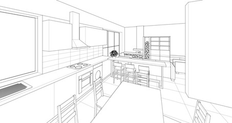 Fototapeta premium interior kitchen living room 3d illustration