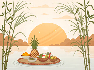 Obraz premium Chhath Puja festival concept, sacred offerings arranged beside reflective water at sunrise, sugarcane stalks framing composition, elegant minimal vector style, soft gradients, festive Indian cultural 