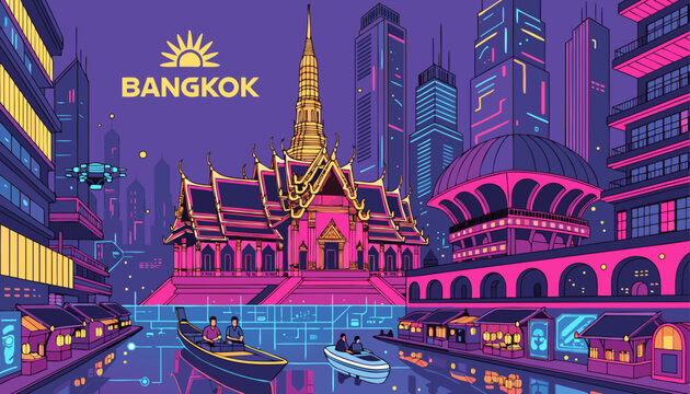 Very beautiful Bangkok cyberpunk poster featuring the Grand Palace reimagined among futuristic neon towers, glowing waterways, holographic markets, reflective city canals, and a vibrant blend of cultu