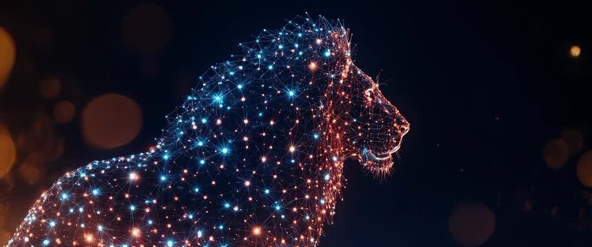 Futuristic 3D Molecular Glowing Lion Profile Silhouette on Dark Background