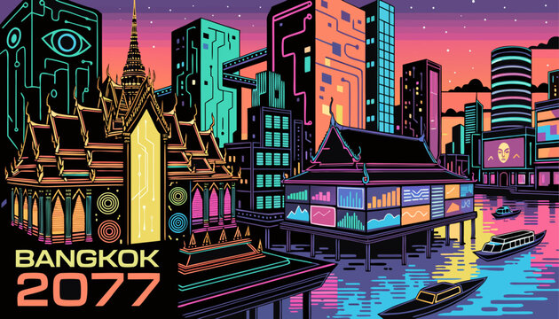 Very beautiful Bangkok cyberpunk poster featuring the Grand Palace reimagined among futuristic neon towers, glowing waterways, holographic markets, reflective city canals, and a vibrant blend of cultu