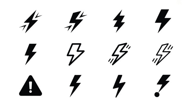 black lightning bolt icons and warning signs on white background